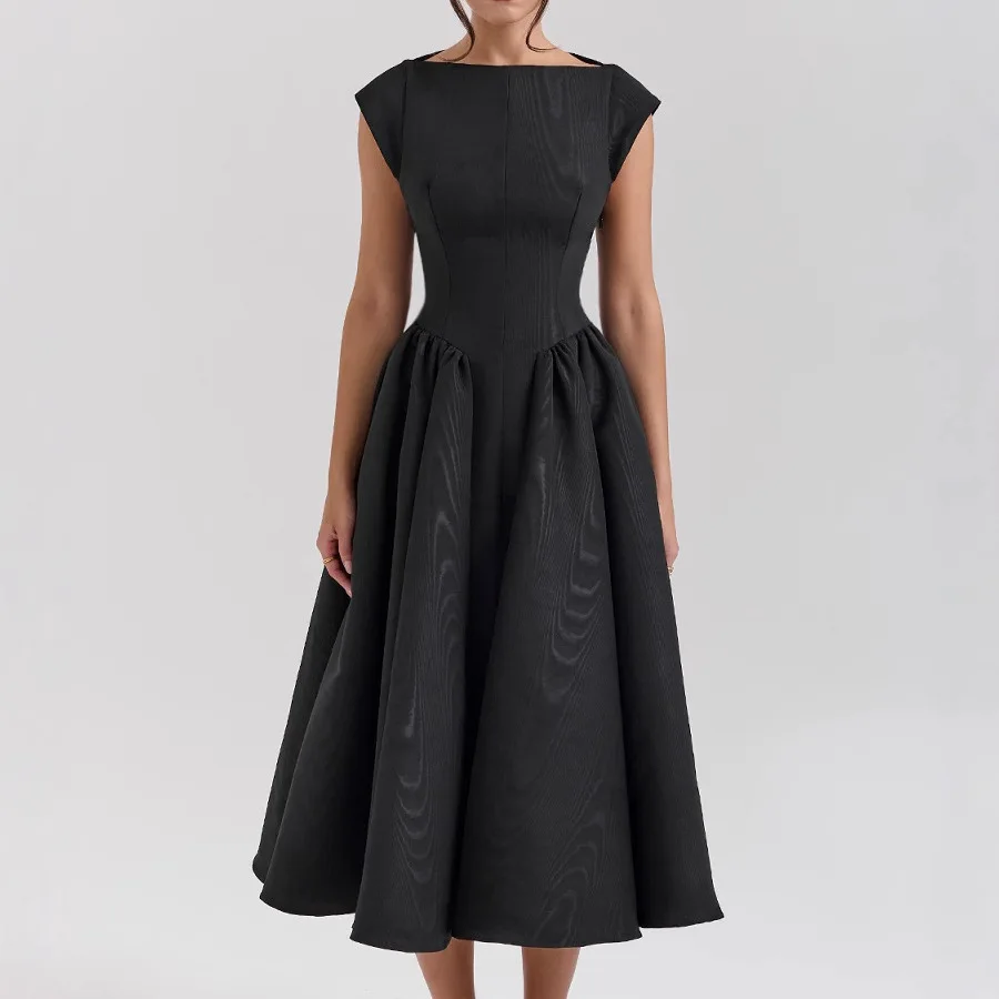 

Summer Women Backless A-line Sexy Long Dress Gown Solid Hollow Out Sleeveless Club French Style A-line Pleated Dressea Female
