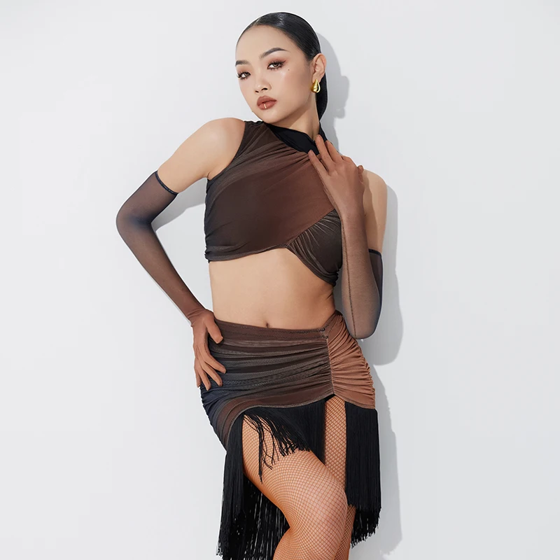 Ropa de competición de baile latino para mujer, Top de cuello alto con borla, traje de falda, Chacha, Samba, ropa de baile latino, 2024