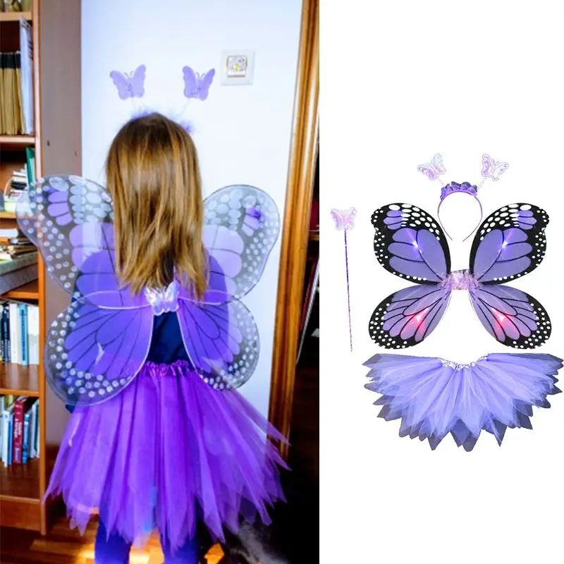 4Pcs Fairy Princess Kids Costume Set LED Light for Butterfly Wing Wand Headband Skirt Christmas Birthday Party Dres