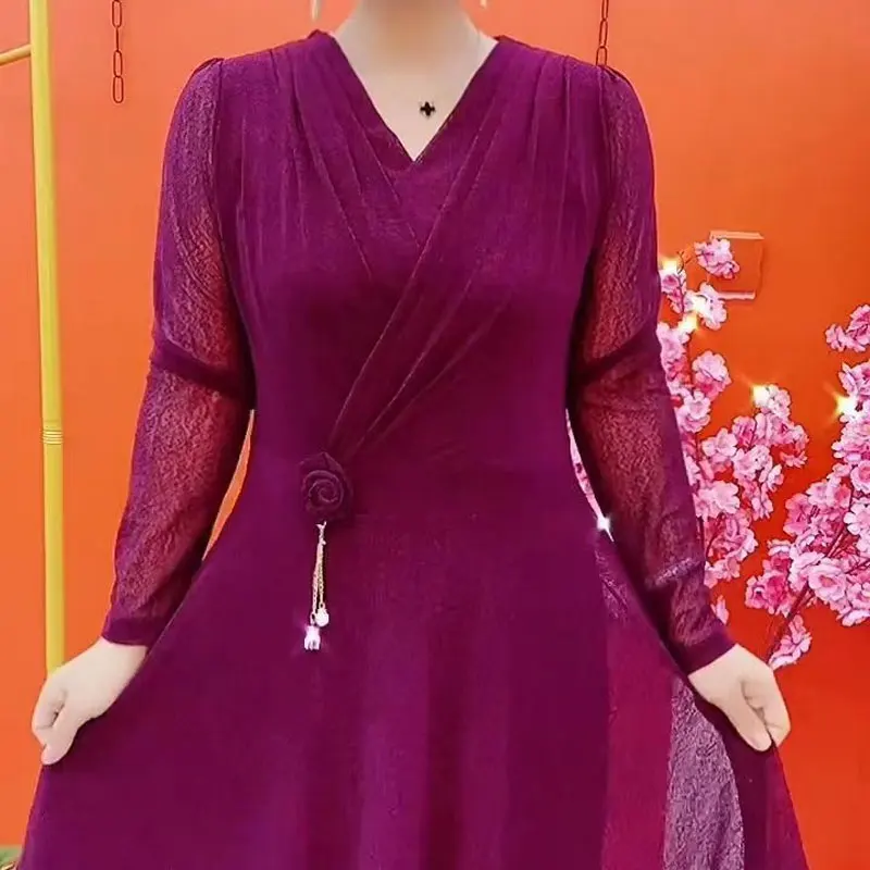 

Elegant V-Neck Folds Dresses Spring Autumn Basic Solid Color Female Chic Floral Three-dimensional Decoration A-Line Long Dress