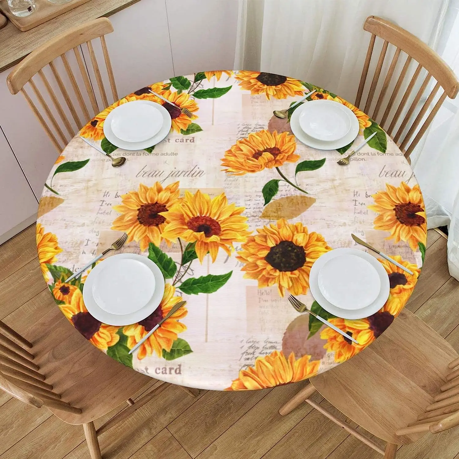 

Sunflower Round Table Cloth Elastic Edged Cover Waterproof Fitted Tablecloth Decorative for Home Indoor Outdoor Cute Desk Decor