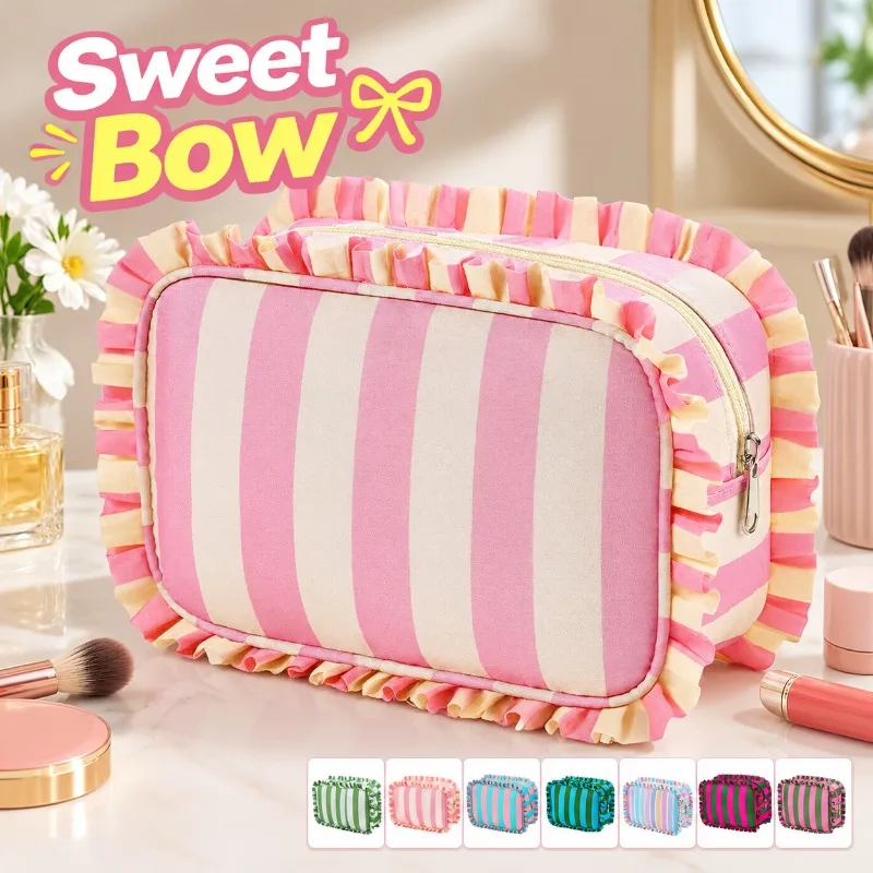 Ruffle Striped Makeup Bag, Sweet Bow Decor Large Capacity Cosmetic Storage Pouch, Portable Waterproof Travel Toiletry Organizer