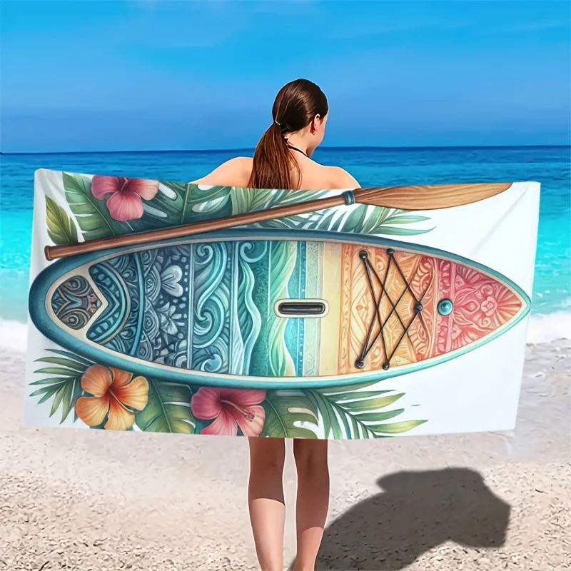 Surfboard and tropical plant design polyester microfiber beach towel is highly absorbent suitable for swimming and beach outings