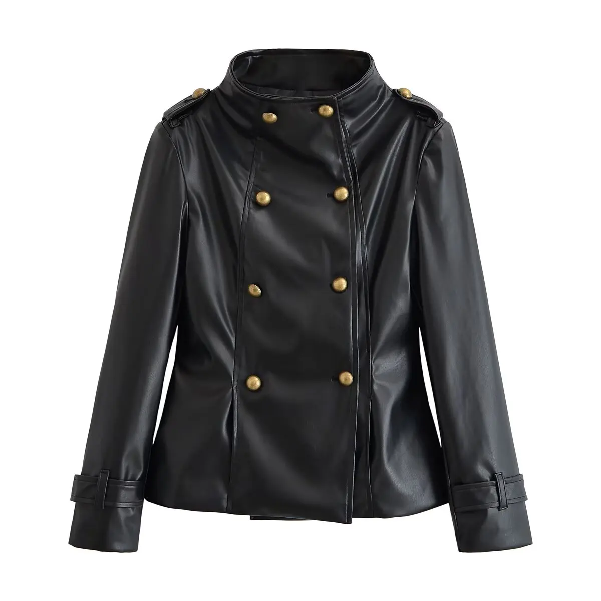 Black Women Faux Leather Jacket High Long Sleeve Gold Button Double‑breasted Moto Coat Autumn Winter Streetwear Brand 2026 Ladie