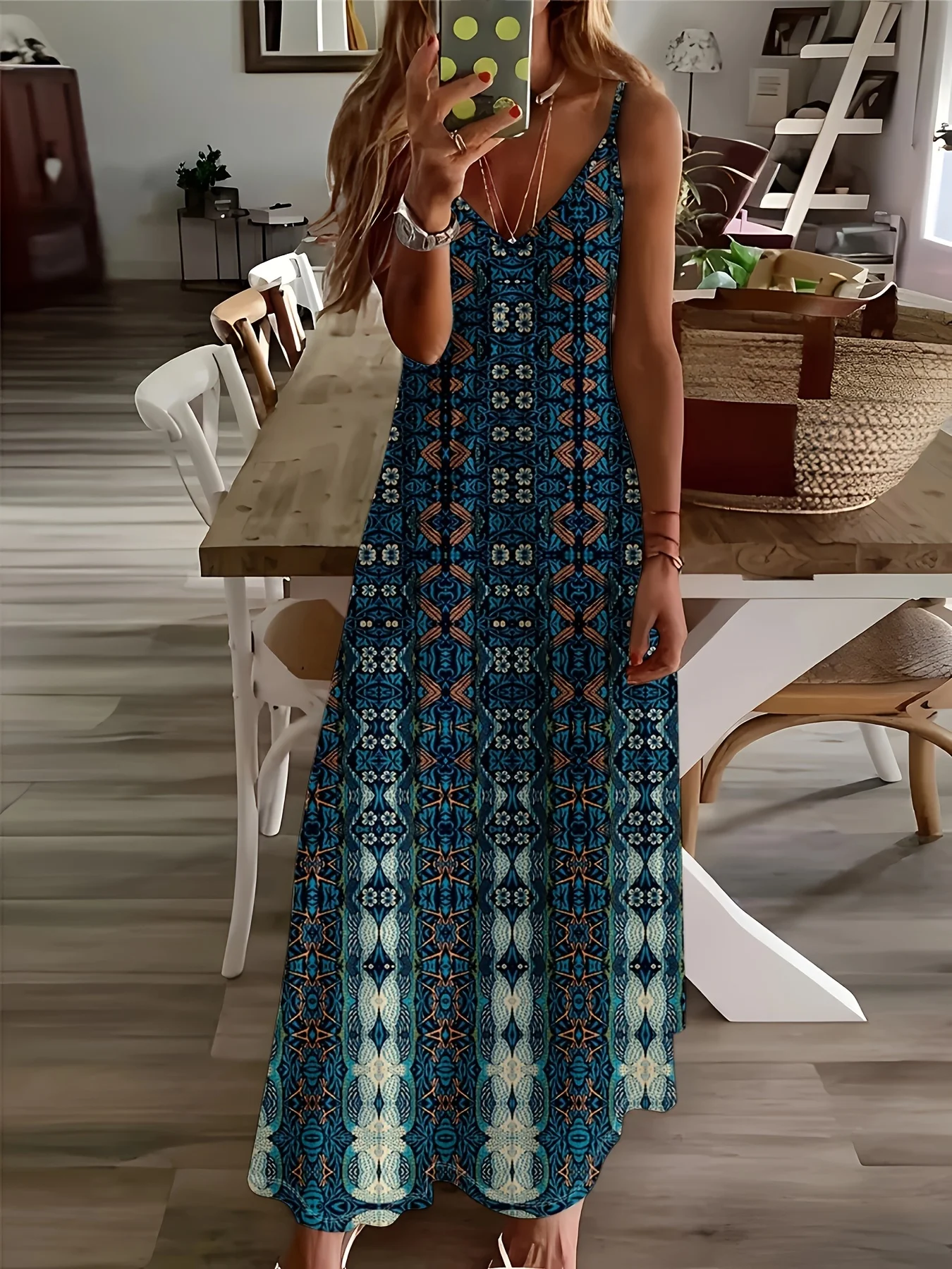 

Printed Design casual style Geometric Tribal Blue White Orange women's dress