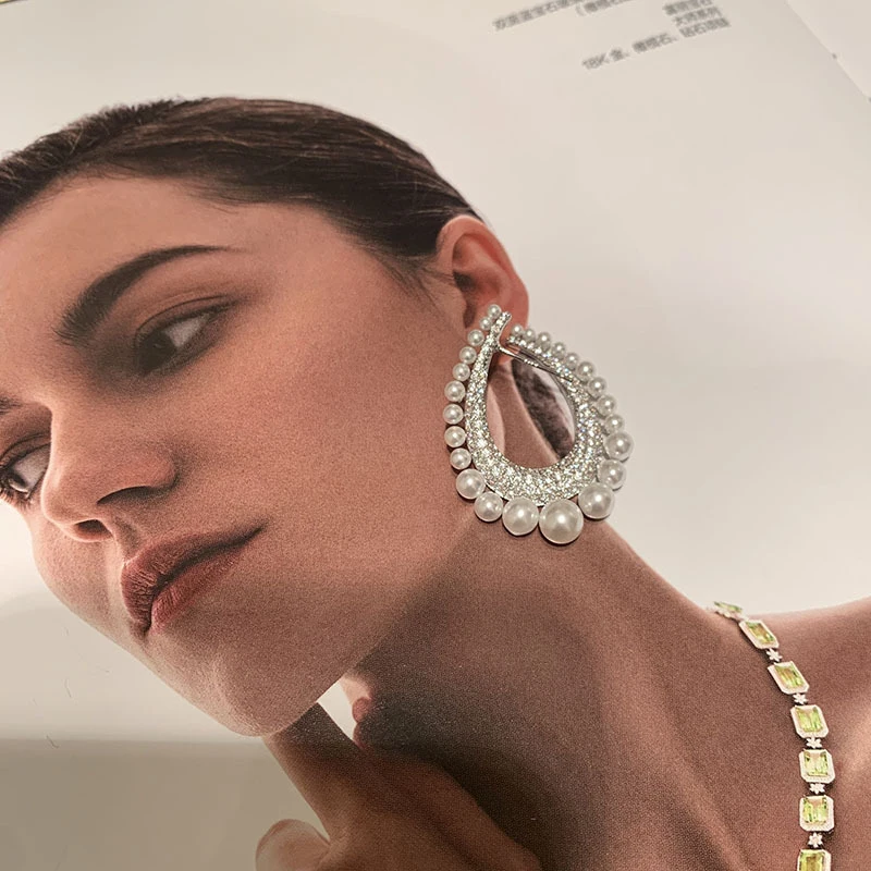 Elegant Swirl Flower Stud Earrings Grey Pearl Accent Earrings Paved Crystal Statement Earrings for Women Bridal Wedding