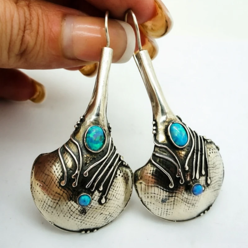 Women Ethnic Tribe Style Synthetic Turquoise Textured Fan Handmade Earrings Vintage Delicate Festival Vacation Jewelry Accessory