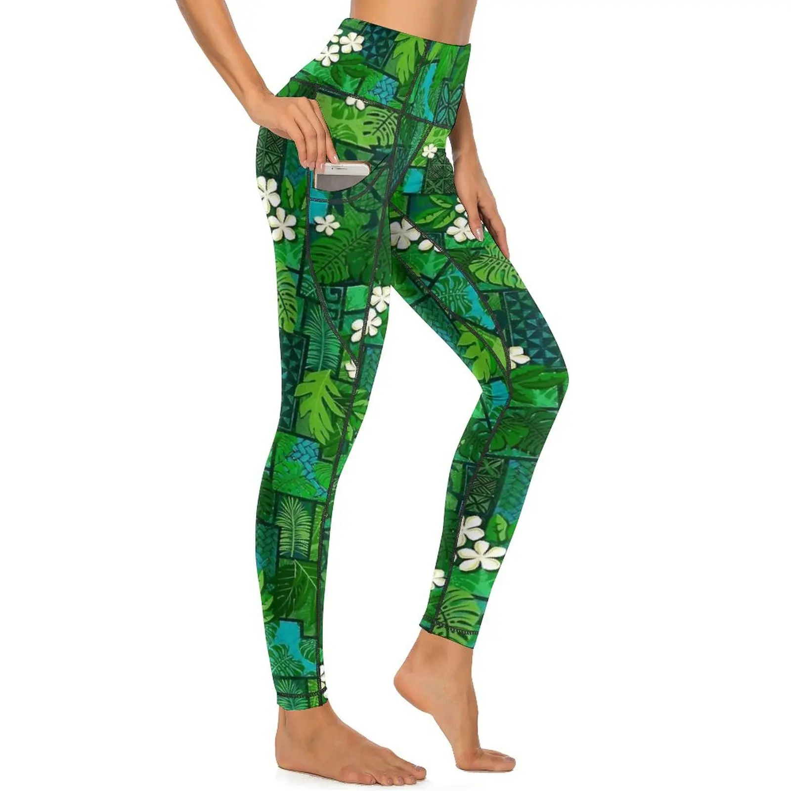 Hawaiian Green Leaf Leggings Sexy White Floral Fitness Yoga Pants Push Up Stretch Sports Tights Pockets Fashion Design Leggins