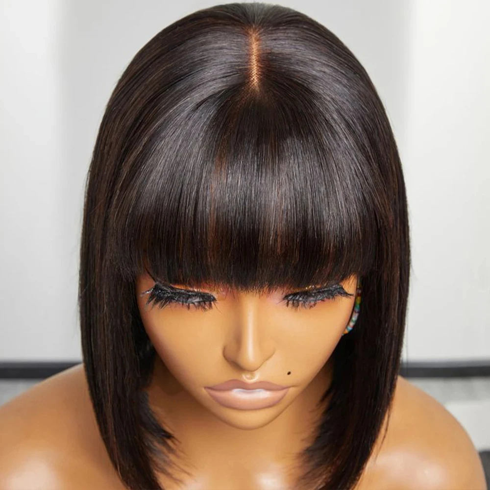 Bone Straight Bob Wigs 3X1 Средняя часть Кружевные парики из натуральных волос с челкой Полная машинная работа Короткий боб с бахромой Бесклеевой парик для женщин