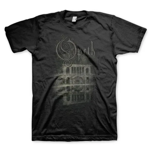 Opeth Minimal Dark‑Metal Graphic T‑Shirt Muted Olive‑Tone Ornate Scroll Band Emblem and Album Lettering Understated