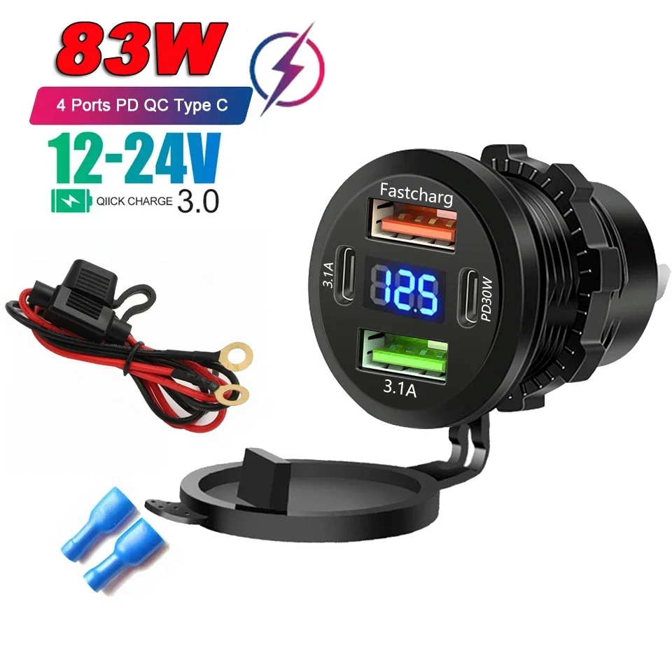 Autoladegerät PD+QC3.0 USB TYPE-C Ladegerät Wasserdichte Steckdose Netzteil Universal 12-24V für Motorrad LKW ATV Boot