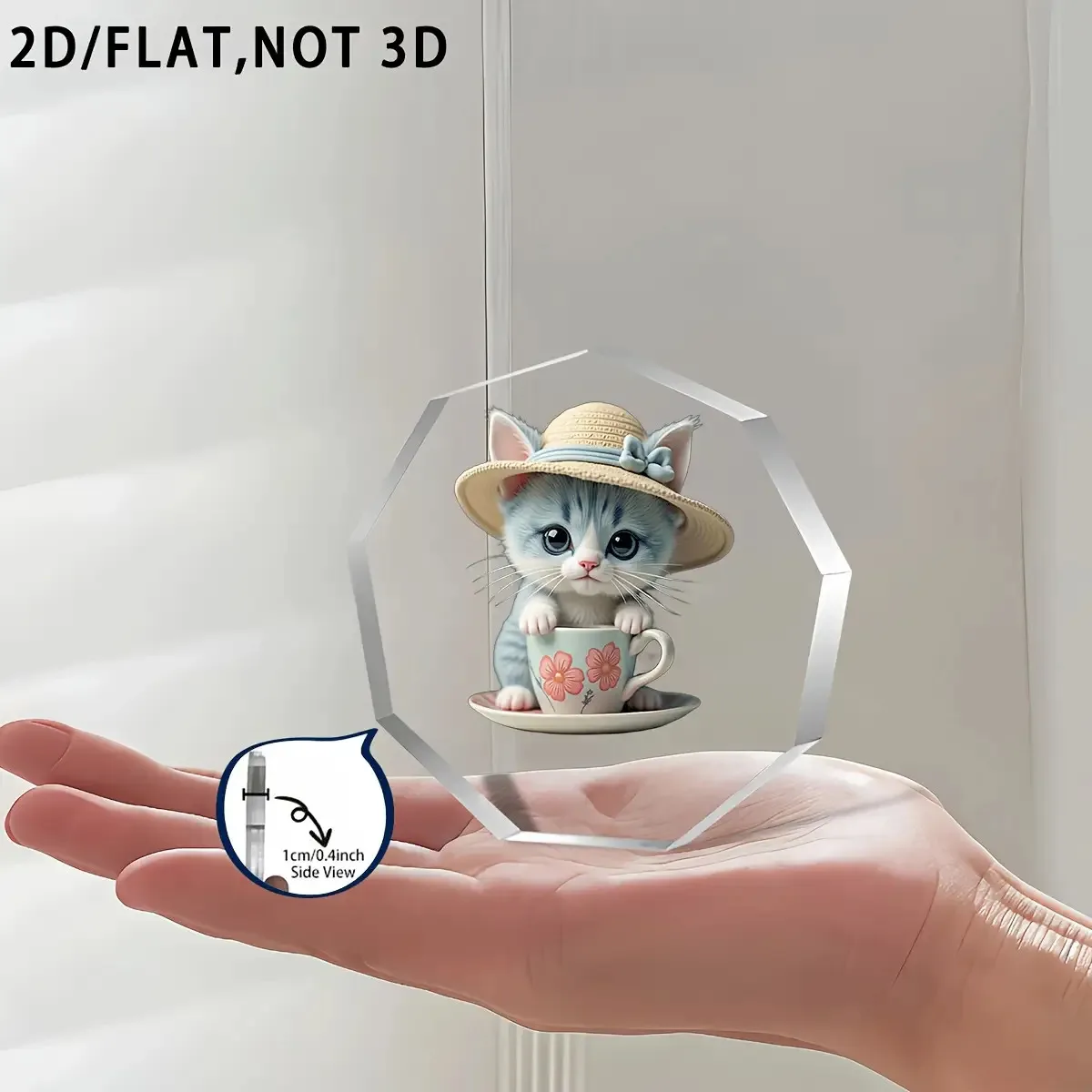 Cute British Shorthair Cat Tea Cup, 9-Side 2D Acrylic Desktop Decor