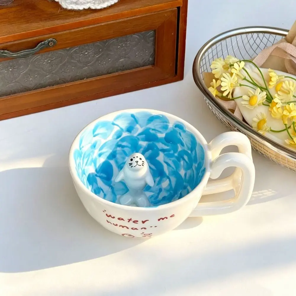 Creative Cute Seal Swimming Pool Ceramic Mug 3D Figure Penguin Milk Anime Themed Cup Seal Ceramic Cup and Saucer Set Bowl