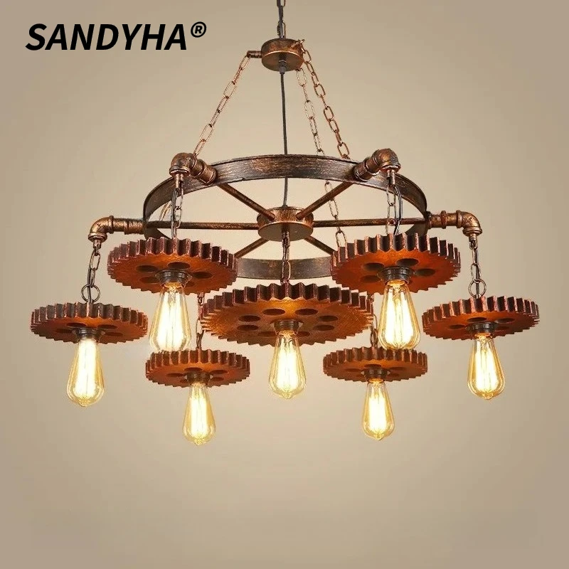 SANDYHA American Retro Pendant Light Industrial Gear Chandelier LED Lighting Fixture For Artistic Decor In Hotel Restaurant Bar