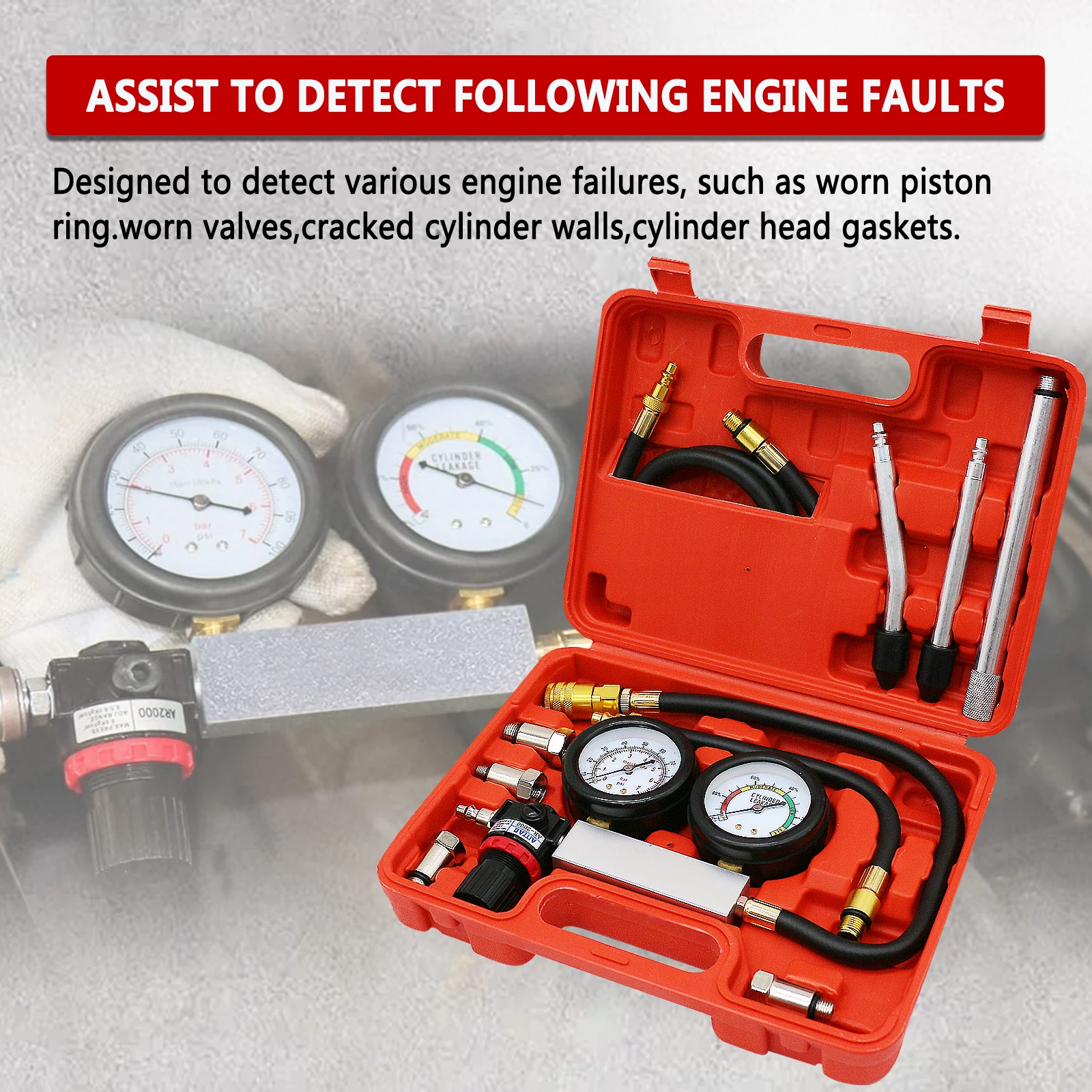 New Cylinder Leak Tester Compression Leakage Detector TU-21 Double Gauge Petrol Engine Leakdown Detection Compression Test Tool