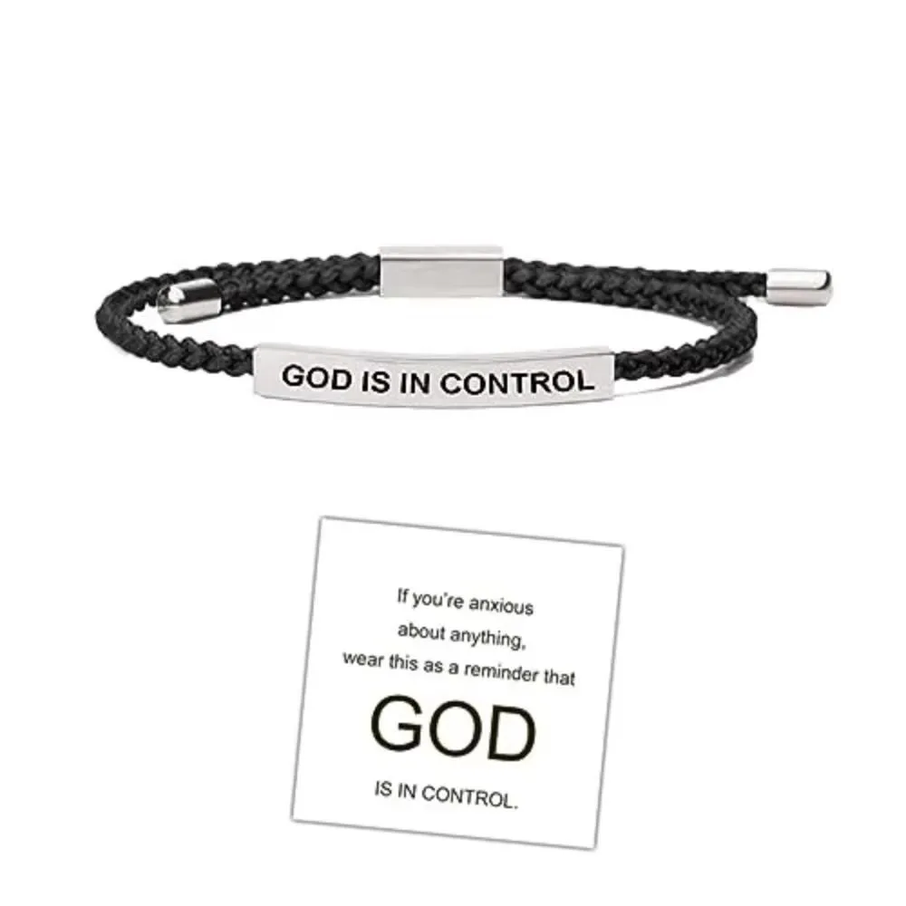 Stainless Steel GOD IS IN CONTROL Tube Bracelet Rope Stretchable Engraved Letter Bracelert Adjustable with Card Couple Bracelet