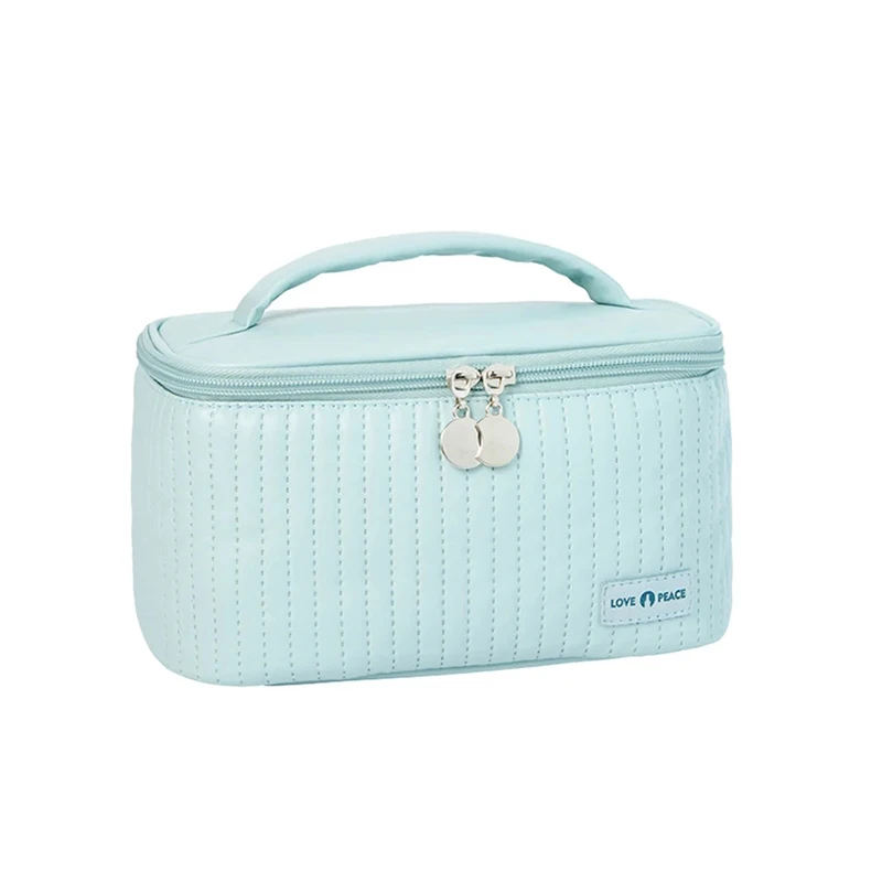 Women's Quilted Leather Makeup Bag, Large Capacity Cosmetic Case, Portable Travel Toiletry Bag with Handle