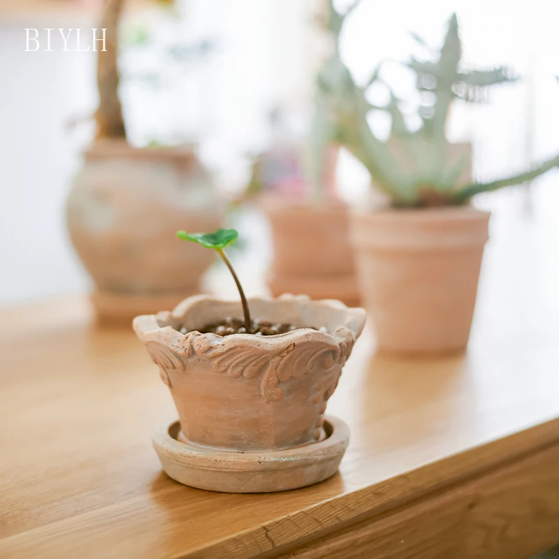 Imagem -02 - Vaso de Flores de Argila Pequeno com Bandeja Plantador Cerâmico Artesanal Planta Verde Old Tabletop Jardinagem Retro Decoração de Casa