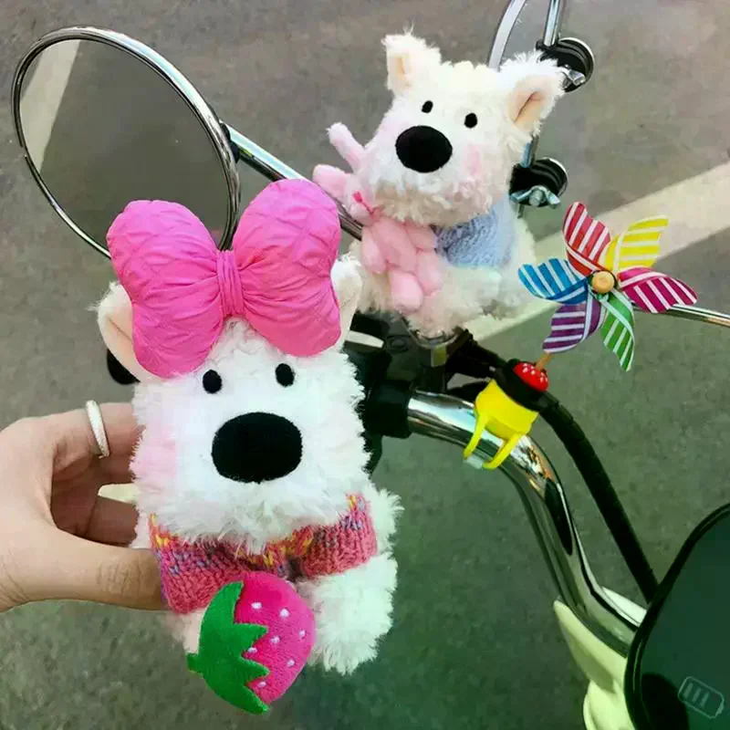 Kawaii West Highland Puppy Plush Doll Cartoon Magnetic Stuffed Dolls Motorcycle Electric Bike Rearview Mirror Pendant Decor