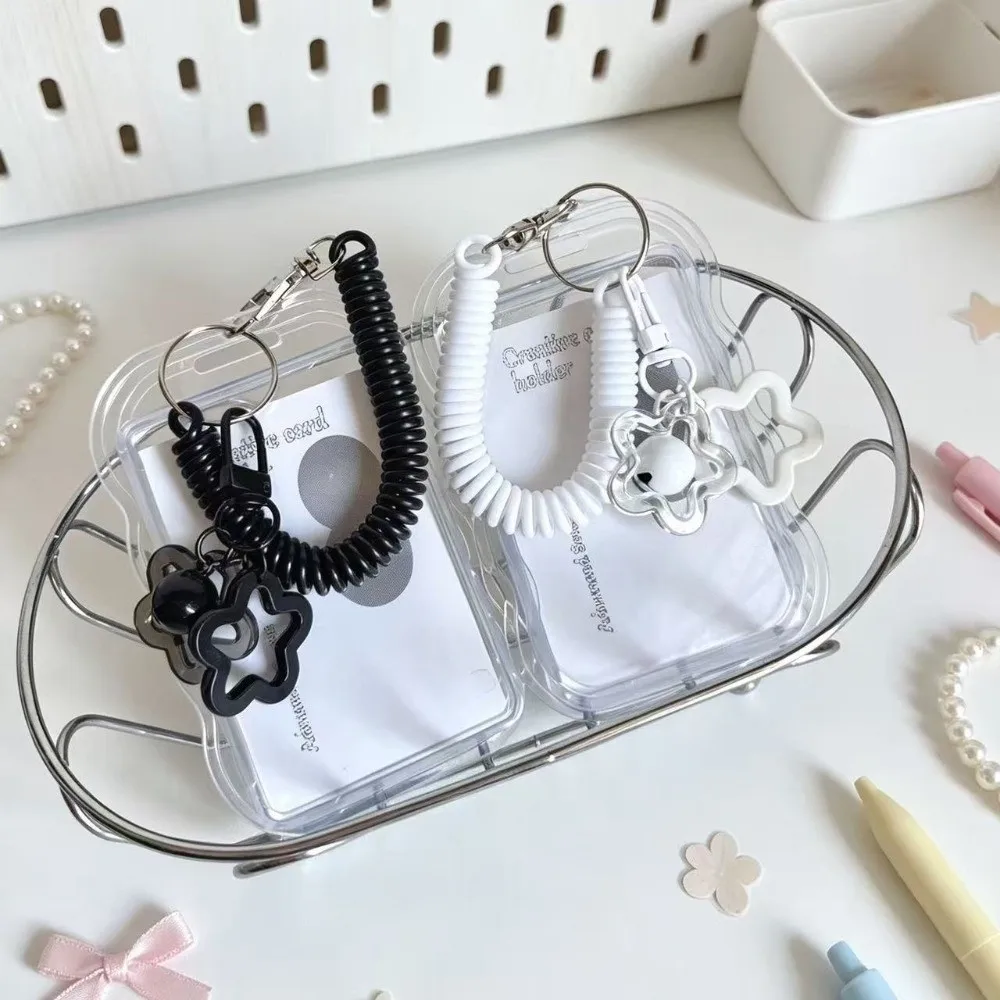 Versatile Plastic Photocard Holder Wavy Edge Clear Card Case with Spring Coil Lanyard Star Charm Card Sleeve School Office Home