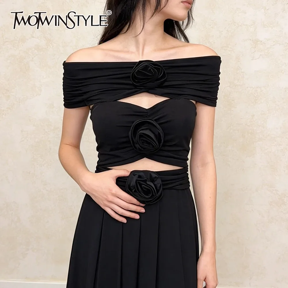 

TWOTWINSTYLE Solid Spliced 3D Flowers Chic Vest Female Slash Neck Sleeveless Slimming Hot Girl Women's Vests Summer Fashion New