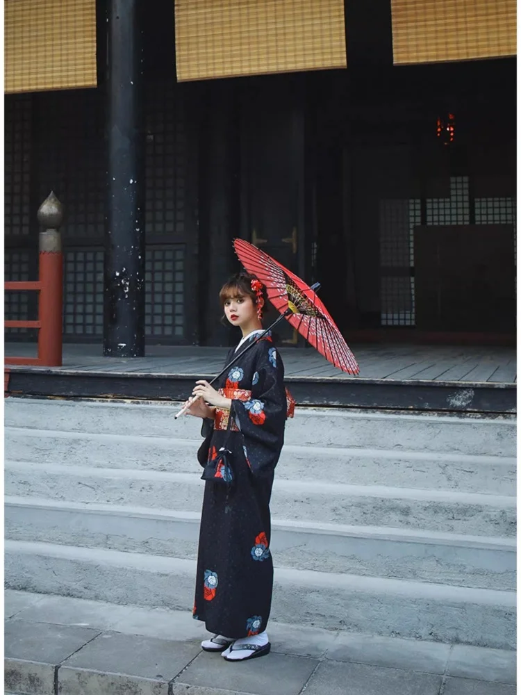 

Японское традиционное кимоно-юката черного цвета для женщин, костюм для выступлений, танцев, Хэллоуина, косплей