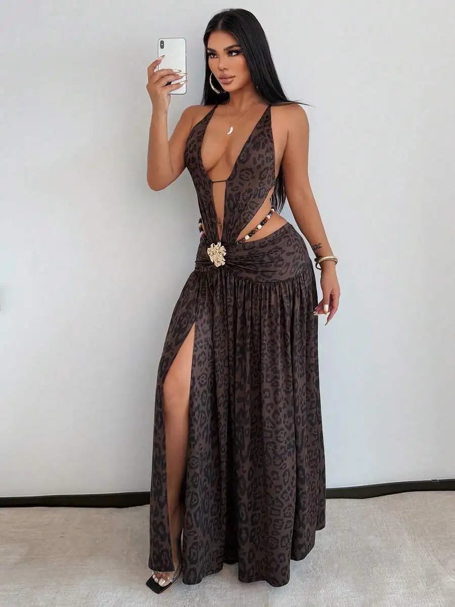 

Sexy Deep V Neck Leopard Print Maxi Dress With Flower Decor