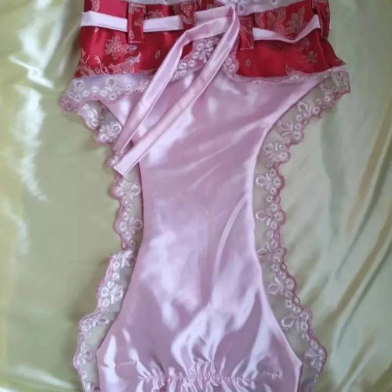 رجل مثير مزدوجة الطبقات الساتان ملخصات الدانتيل والتطريز لينة حريري اللمس امرأة قابل للتعديل حزام السراويل ملابس تنكرية للحفلات الخاصة