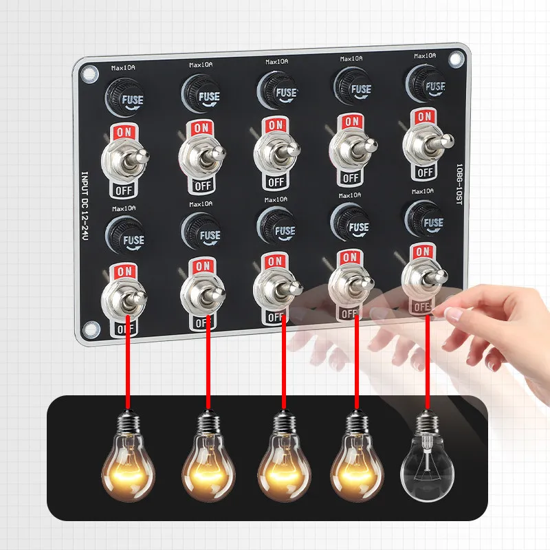 

12V 24V 10 Gang Toggle Switch Panel with Fuse Waterproof Universal for Car RV Yacht Marine Modification Power Control