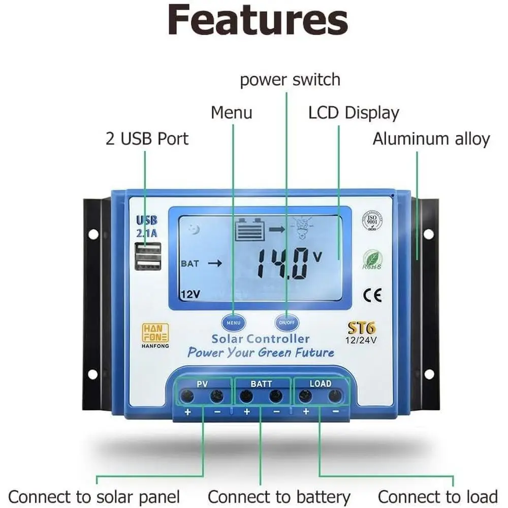 60A Solar Charge Controller 12V/24V Automatic Voltage Recognition Solar Panel Charging Discharge Regulator with Dual 5V USB Outp view 3
