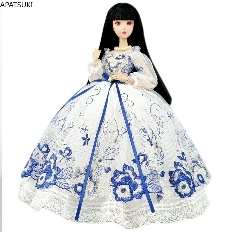Vestido de fiesta de noche Floral blanco y azul para muñeca Barbie, trajes, vestidos de princesa, ropa para muñecas BJD 1/6, accesorios, Juguetes