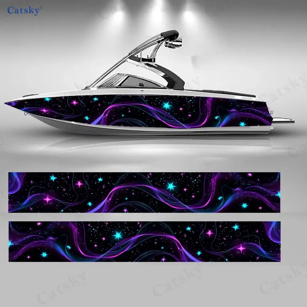 2Pcs Purple & Blue Star Stream Boat Stickers, PVC Waterproof Vinyl Wrap Decals for Fishing Boats, Durable and Stylish Design