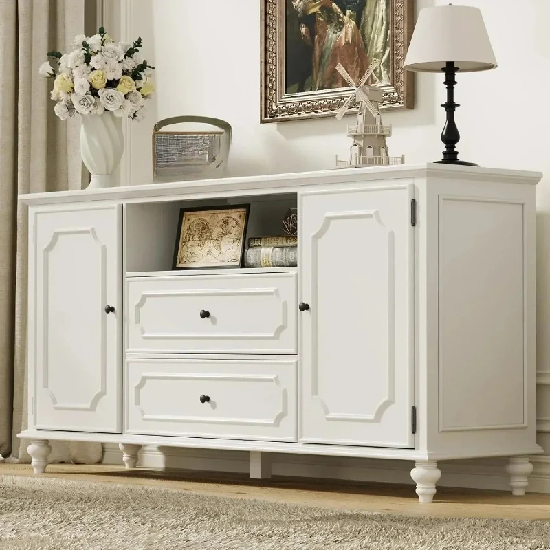 Farmhouse TV Stand for 75 Inch TV, Tall with Storage Cabinets & 2 Drawers, TV Console Table