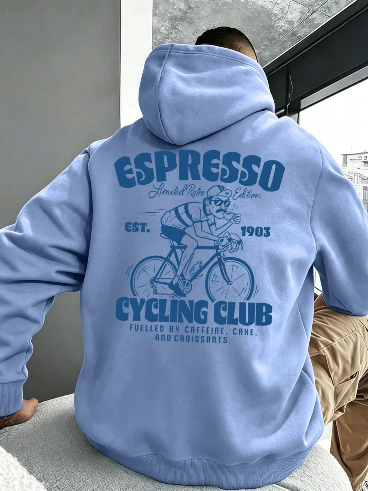 Men’s Vintage Biker Coffee Club Graphic Hoodie Oversized Pullover Sweatshirt Fleece Lined Autumn Winter Streetwear
