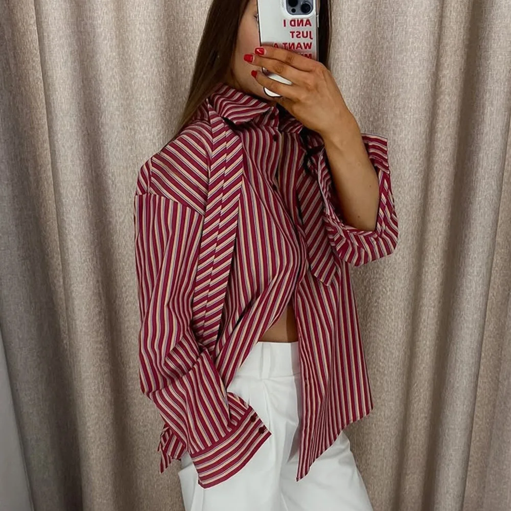 Modische, schicke, gestreifte, lockere Bluse für Damen 2026, Revers, lange Ärmel, einreihig, mit Schleife, Streetwear, lässige Damenkleidung – Detail 5