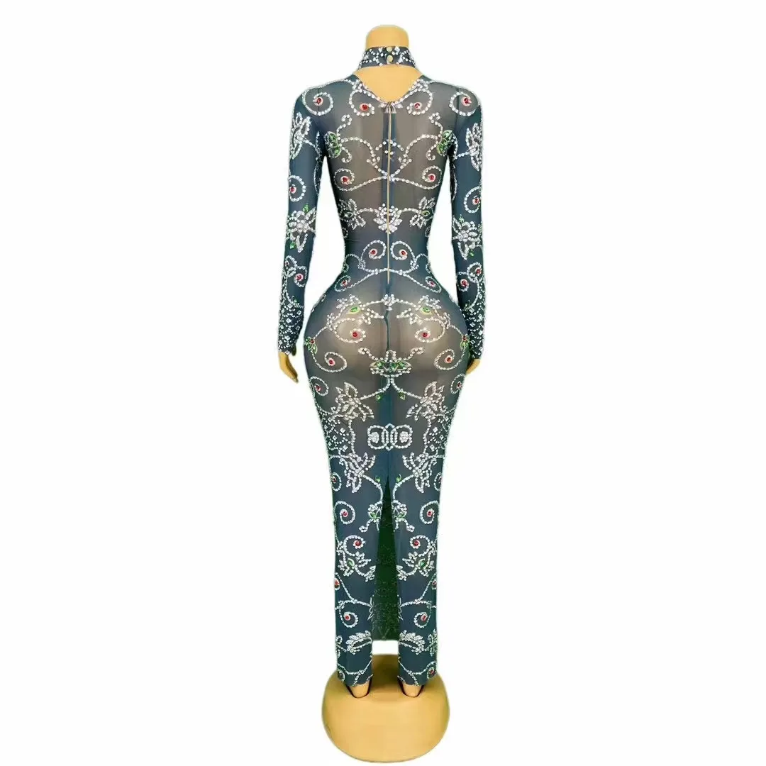 Luxury Silver Rhinestones Green Long Sleeves Dress Sexy Stretch Outfit Birthday Dance Party Celebrate Photoshoot Collections