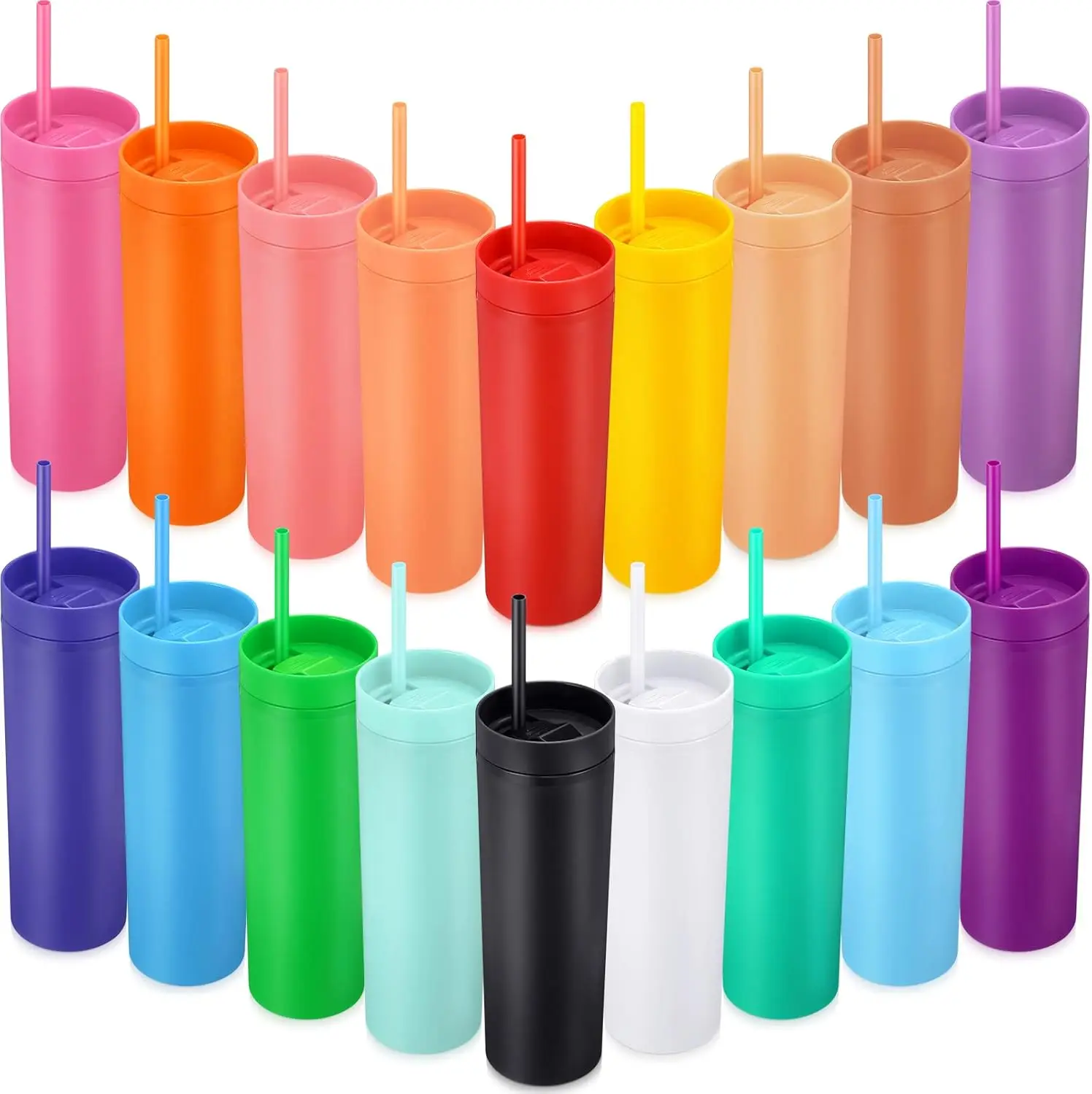 Skinny Tumbler Cups with Lids Straws 16 oz Acrylic Tumblers Reusable Double Wall for Cold Hot Drinks