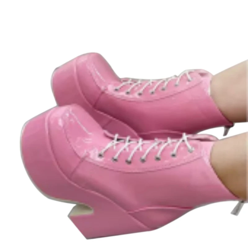 DIZHUANG Botas sexy de tacón alto para mujer. Botines de charol negro (rosa). Aproximadamente 12 cm de altura del tacón. Botas atadas cruzadas.34-46