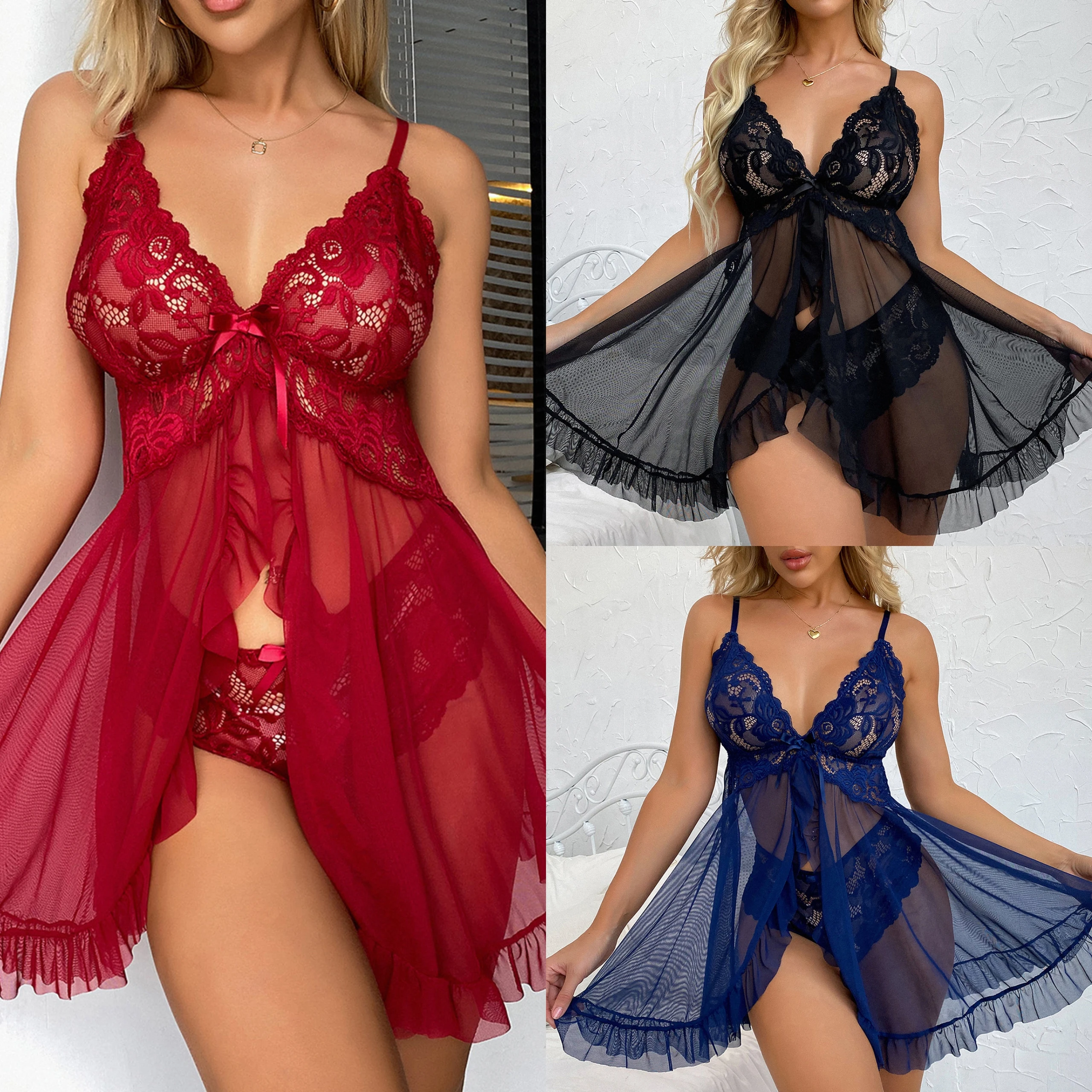 

Summer Ladies Two-Piece Pajamas Underwear New Female Sexy V-Neck Lace Camisole Pajama Set Erotic Lingerie Pajamas Homewear Set