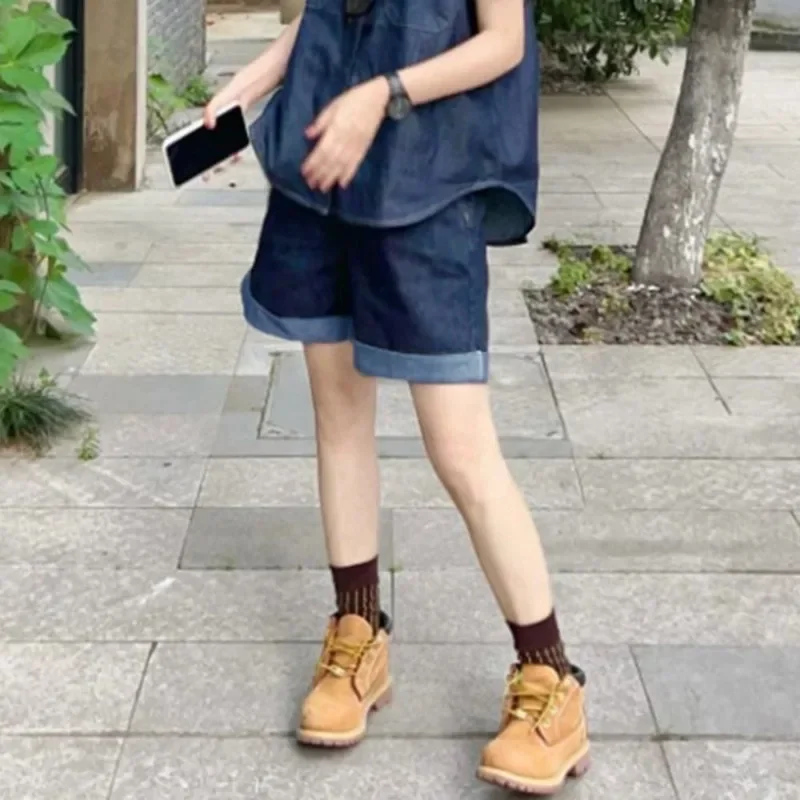 Hong Kong Style Retro Casual Denim Suit Women's Summer New Niche Loose and Thin Design Short-sleeved Shirt Shorts [Hot-selling ]