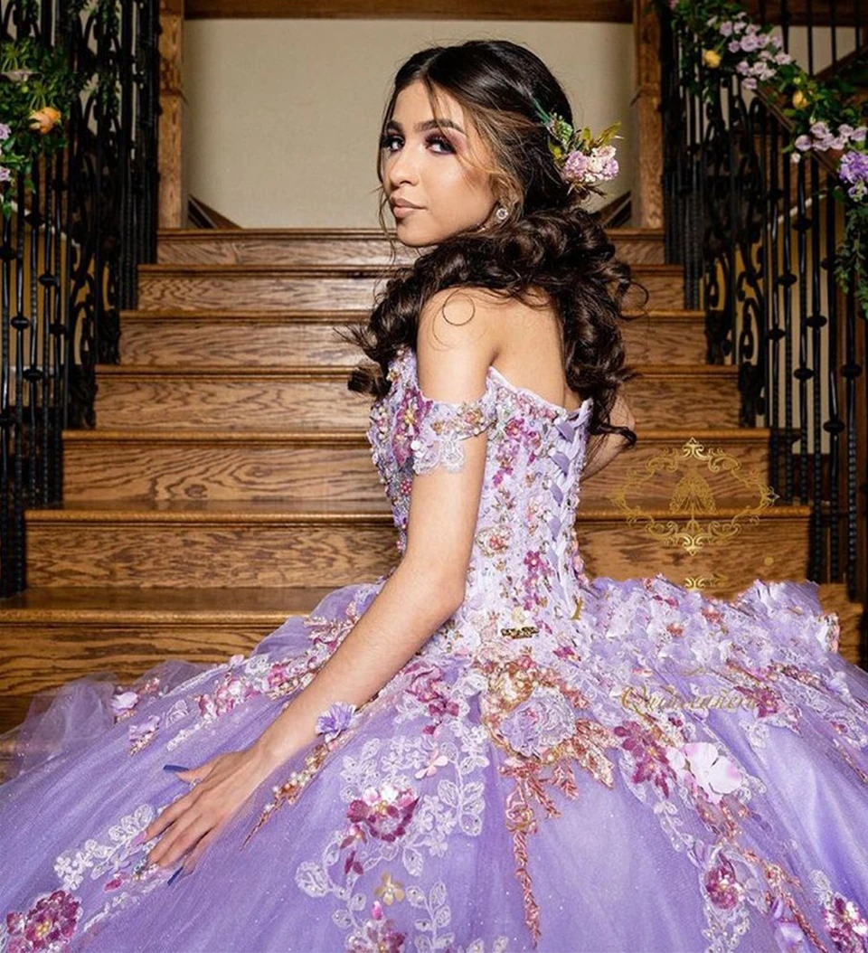 2022 novo roxo beading inchado vestido de baile elegent princesa apliques lantejoulas quinceanera vestidos de festa aniversário luxo