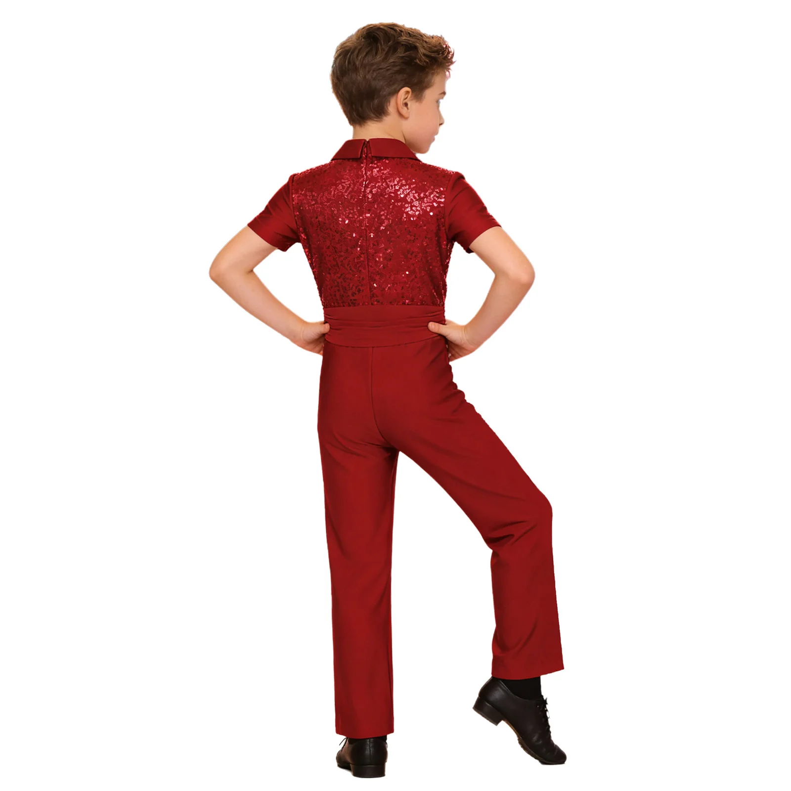 Kids Boys Latin Jazz Modern Dance Bodysuit Short Sleeve Sparkle Sequin Long Pants Leotard Ballroom Cha-cha Tango Samba Dancewear
