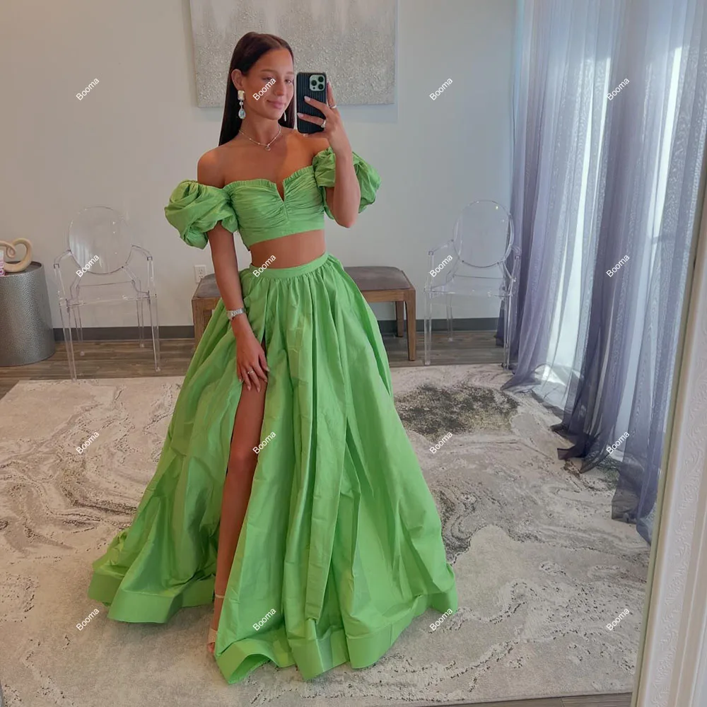 Booma Green Taffeta Prom Dresses 2Pieces Short Puff Sleeves Graduation Party Dress High Side Slit Birthday Gowns for Women