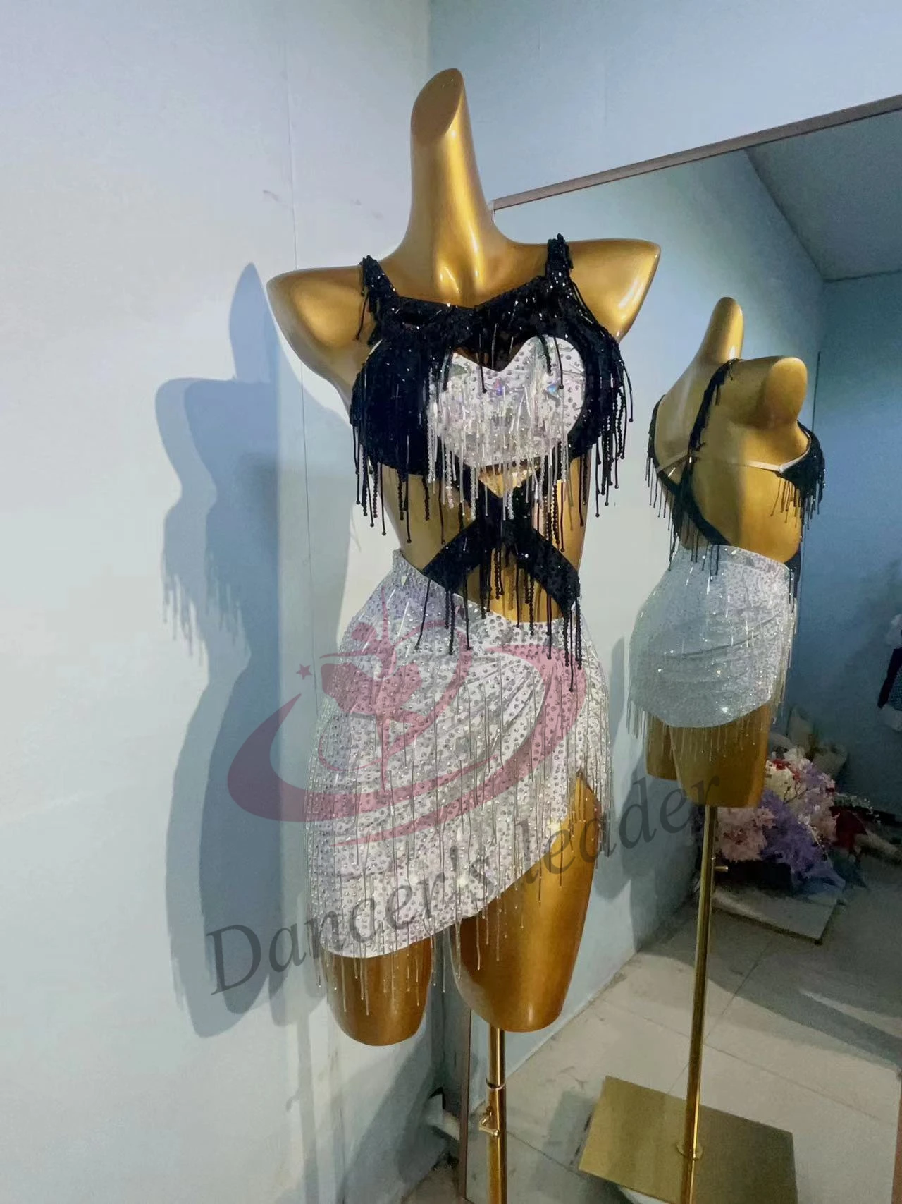 Latin Dance Competition Women's High-end Customized Black and White Color Matching Rumba Samba Performance Dress