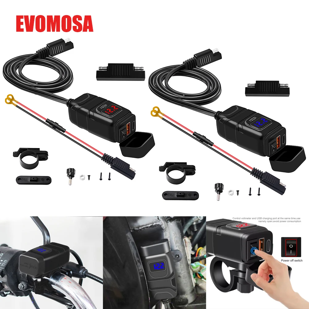 

PD QC3.0 Motorcycle USB Fast Charger Handlebar Dual USB Socket with Switch Voltmeter Waterproof 12V Power Supply Adapter TYPE-C