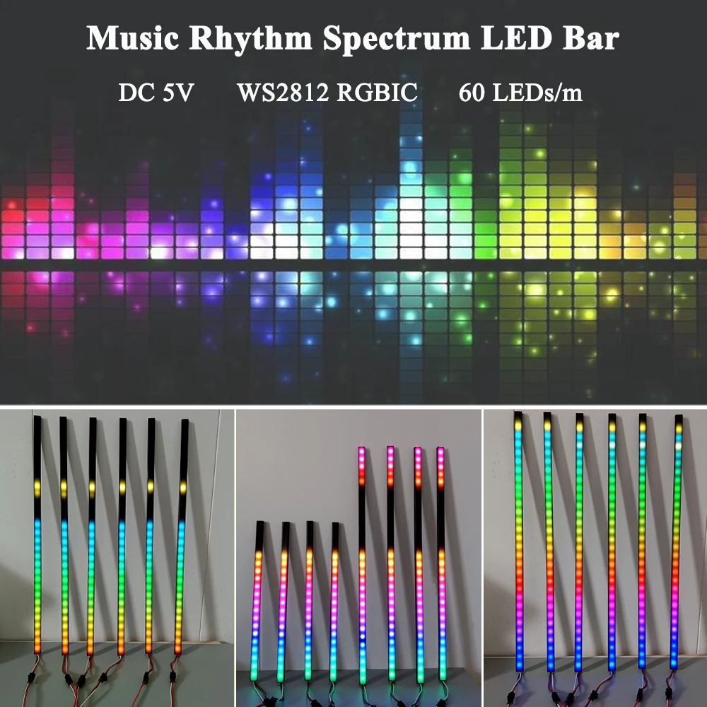 DIY Music Rhythm LED Light Bar Kit 33cm 50cm 5V WS2812 5050 RGB SP107E Bluetooth Controller Audio Spectrum Sync Color Changing