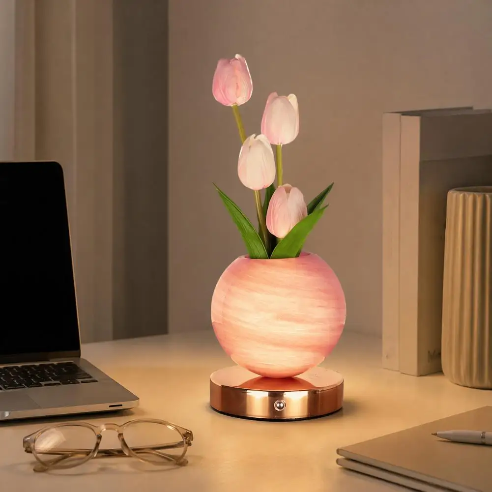 Tulip LED Night Light USB Rechargeable Desk Decor Lamp Simulation Bouquet Table Lamp Bedroom Bedside Atmosphere Light Ornaments