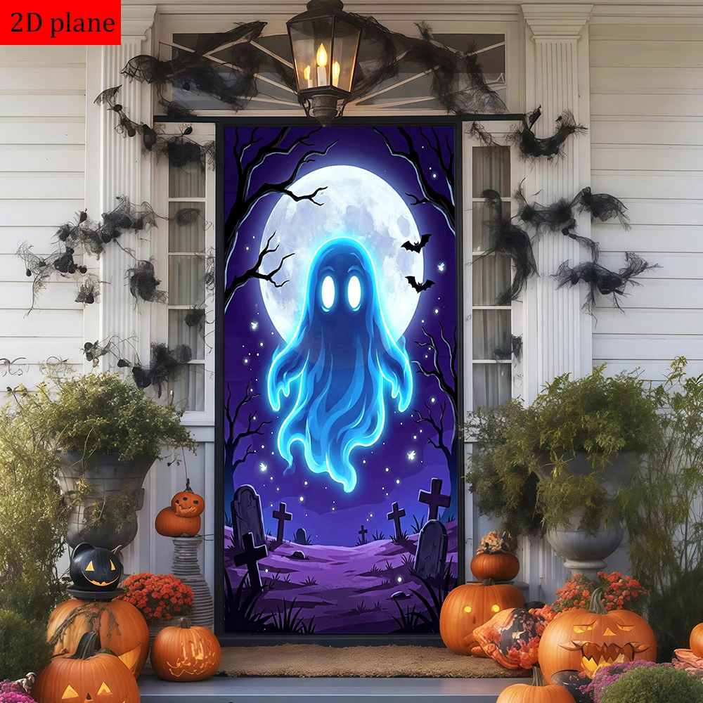 glowing ghost full moon graveyard bats fireflies spooky night Door frame decoration with high elasticity elastic band