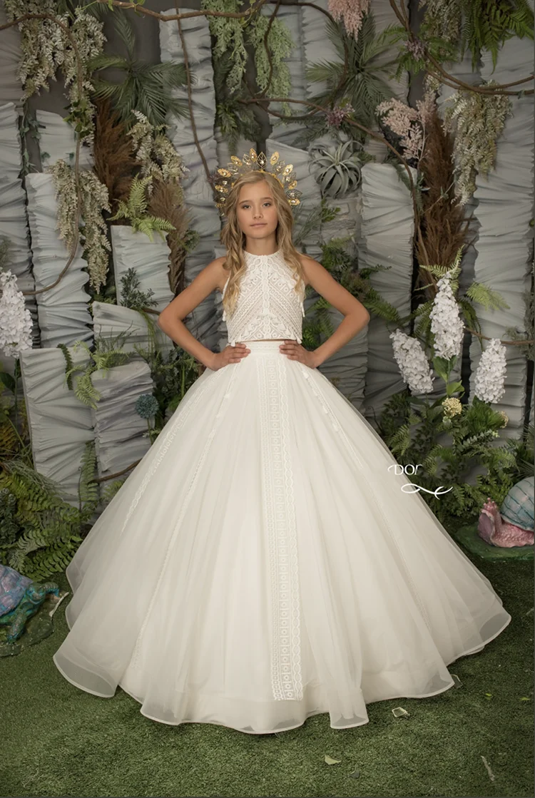 Elegante abito da ragazza di fiori per matrimonio Tulle senza maniche Appliquee pizzo 2 pezzi principessa bambino primo vestito da festa di compleanno eucaristico