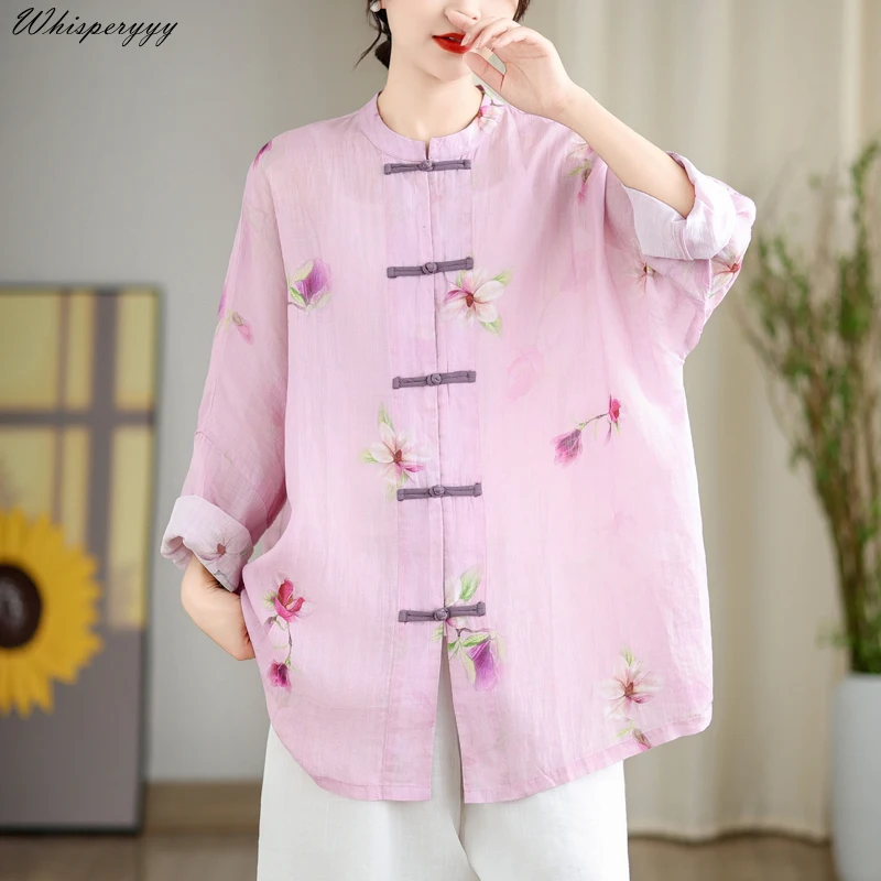 New Chinese Style Blouse Women Cotton and Linen Printed Cardigan Coat Large Size Mid-length Sun-protective Clothing Vintage